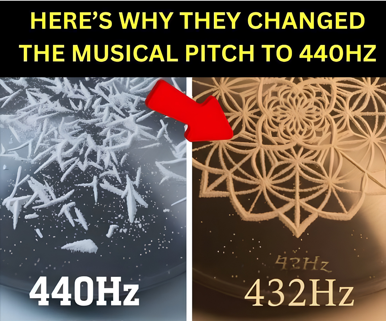 Cymatic comparison of water patterns at 440Hz versus the symmetrical mandala formed at 432Hz